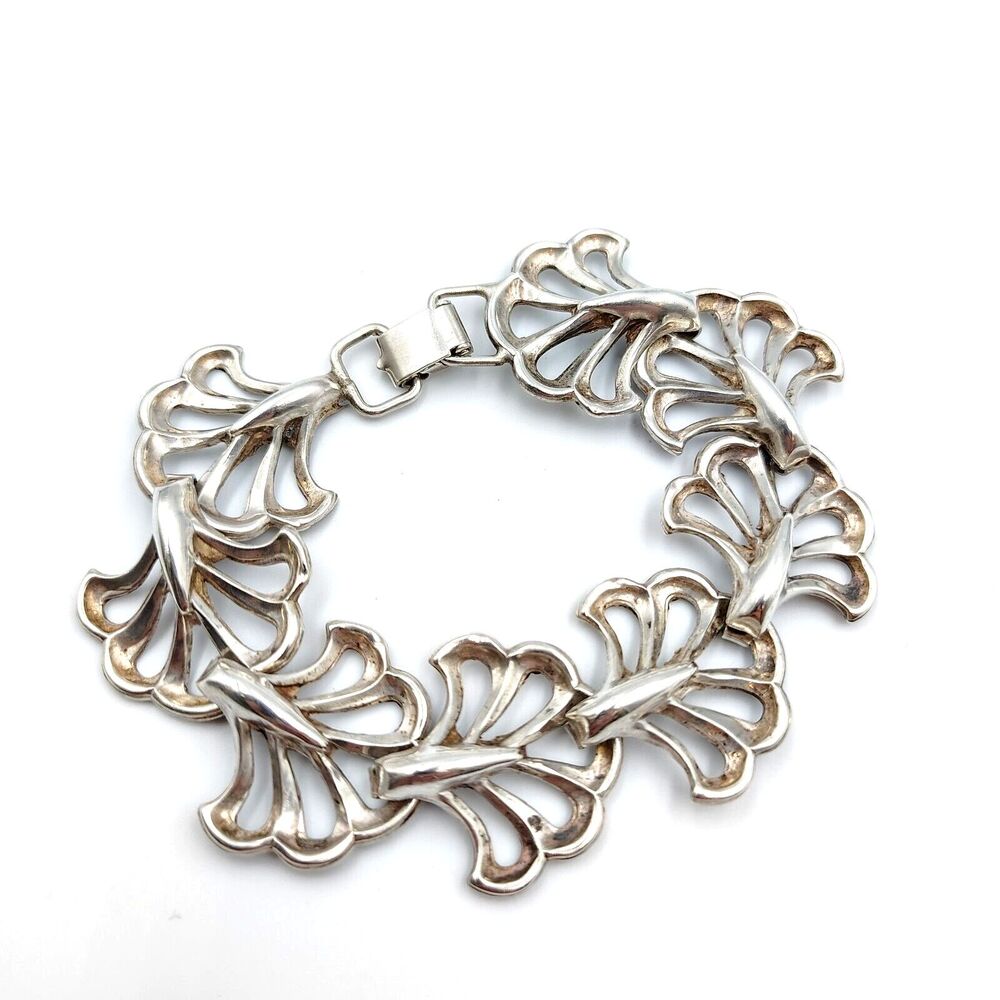 Vintage Lang Sterling Silver 925 Floral/Fan Motifs Bracelet 8" 1940-50s